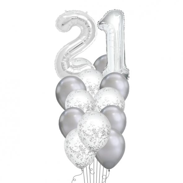 Twenty One Silver Confetti Balloon Bunch